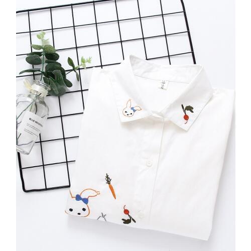 Autumn New Women Fashion Rabbit Embroidery Long Sleeve Cotton Blouse Shirts Casual Office Lady Shirt Blouses