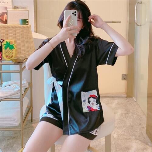 New Silky Satin Kimono Set Short Sleeve Pajamas Set Women Summer V-Neck Belt Sleepwear Lingerie Two Piece Pyjama Suit