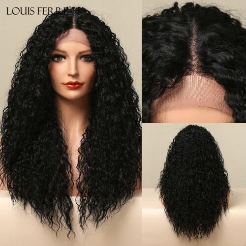 LOUIS FERRE Long Hair Afro Kinky Curly Wigs Cosplay Daily High Temperature Synthetic Black Lace Front Wigs for Women African