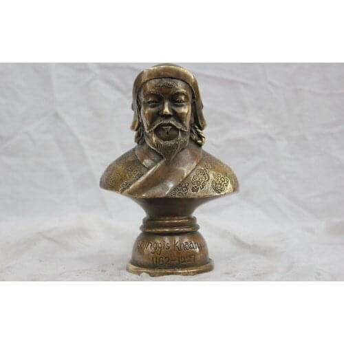 Details about China Pure Bronze Genghis Khan Bust Statue Carved Auspicious Flowers