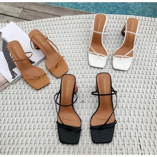 Wood Heel Slipper Womens Sandals Vintage Square Toe Narrow Band High Heel Sandals Women Summer Shoes Women