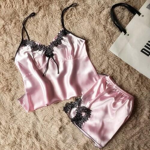 Sexy Ladies Pajamas Set Summer Lace Satin Two Piece Pajamas Set Ladies Home Suspenders Tops Shorts Set