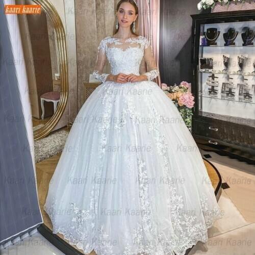 Sexy White Wedding Gowns Long Sleeves O Neck Hochzeitskleid Lace Up Appliqu Tulle Ball Gown Bride Dresses Women Vestido De Noiva