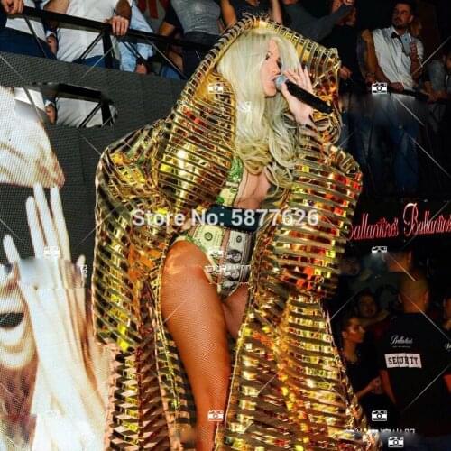 Golden striped metallic cape technology show stage dance wear future party gold coat costume