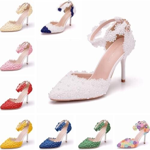 Crystal Queen Womens Shoes Lace High Heels Banquet Wedding Shoes Bridal Sandals Pointed Sweet Wild Single Pumps Large Size