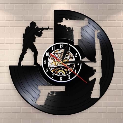 Shooting Gun Vinyl Record Wall Clock Soldiers Training Vinyl Record Art Decor Army Silhouette Wall Art Weapon Family Lover Gift