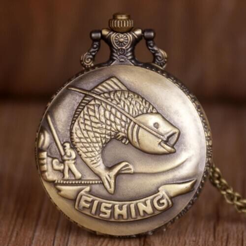 Vintage Retro Quartz Pocket Watch with Chain Pendant Necklace Fishing Fish Fob Watch Fob Watch Clock Pocket Watch TD2033