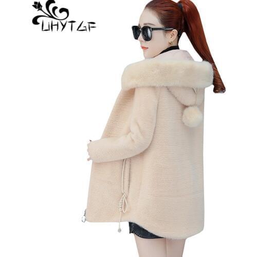 UHYTGF High quality Gold mink cashmere Winter woolen coat Women mink cashmere Hooded warm winter Wool jacket female Plus size280