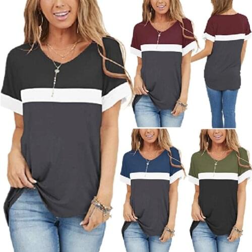 2021 Spring and Summer European and American Womens Solid Color Round V Short-sleeved Contrast Color Stitching T-shirt Top