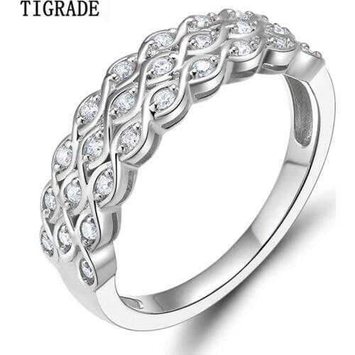 TIGRADE Fashion 925 Sterling Silver Ring for Women Cubic Zirconia Wedding & Engagement Prong 3 Bands Setting Rings Wedding Band
