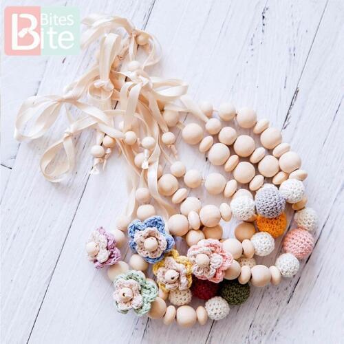 Bite Bites 1pc Nursing Necklace Gifts Baby Wooden Teether Crochet Flower Beads BPA Free Wooden Blank Rodent ChildrenS Goods Toy