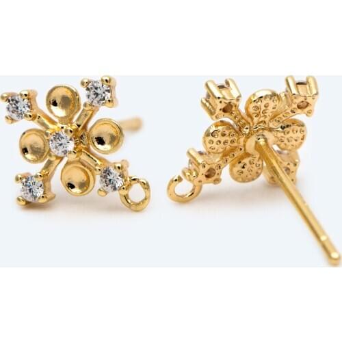 10pcs CZ Paved Cross Ear Posts 10mm, Flower Earring Studs with Loops (#GB-1749)