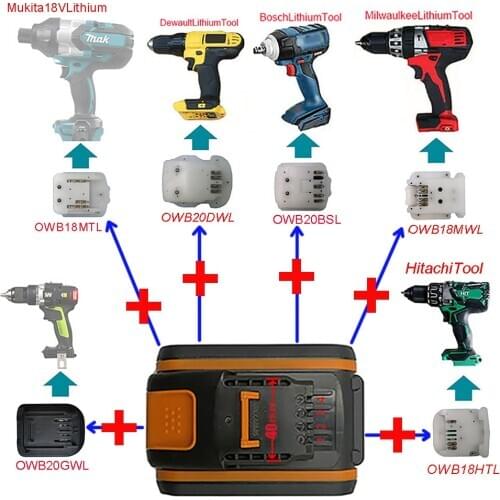 WA3553 Adapter OWB20MTL OWB20DWL OWB20MWL etc Converter Use Worx 20 Li-ion Battery on Makita Dewolt Busch Milwaukee Hitachi Tool