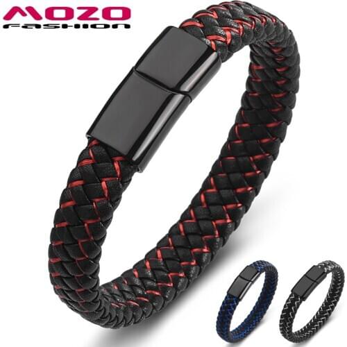 Bracelets & Bangles MOZO Fashion New Men Black Leather Stainless Steel Unisex Punk Red Charm Jewelry Gifts