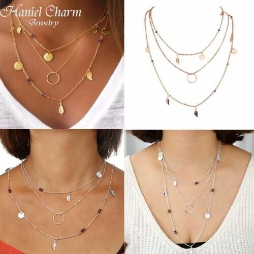 New Fashion Chain leaves multi layer pendant necklace for women Collier femme fashion jewelry Gifts 2021