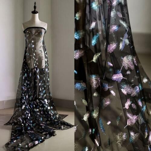 Black lace fabric feather deisgn for dressmaking needlework accessories 150cm wide handmade DIY materials creative mesh decor