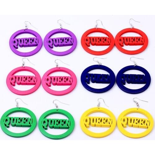 Ethnic Big Round Wooden Earrings Colorful Statement Hollow Letter Queen Boho Drop African Wood Earring For Women Fasion Jewelry