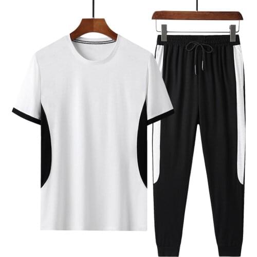New Summer Bamboo Cotton Splicing MenS Short Sleeve T-Shirt Casual Sports Suit MenS Fashion Two Piece Loose Pants Suit