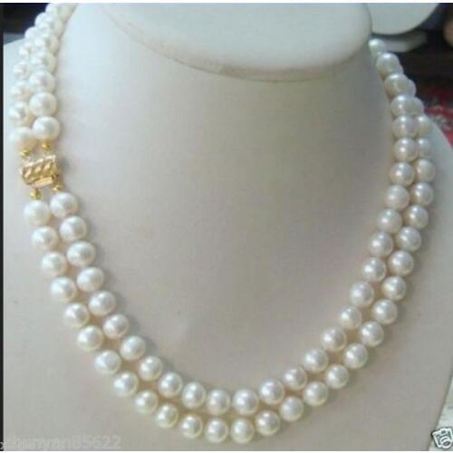 Hot 2 row 7-8MM AKOYA REAL WHITE PEARL NECKLACE 18-19 inch