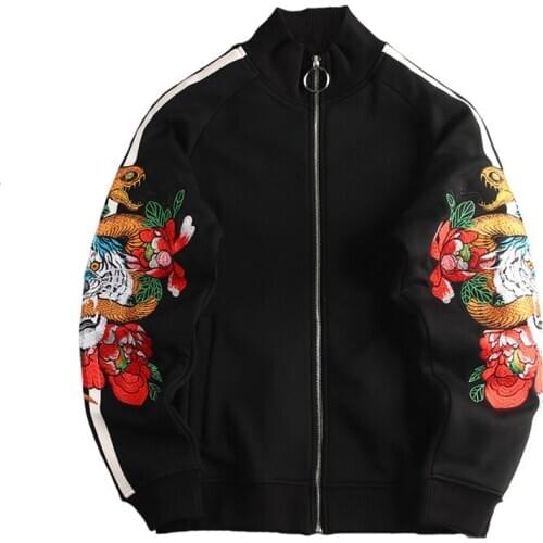 Chinese National Style Snake Tiger Flower arm Embroidery Jacket Men Autumn Loose Baseball plus Fleece Coats