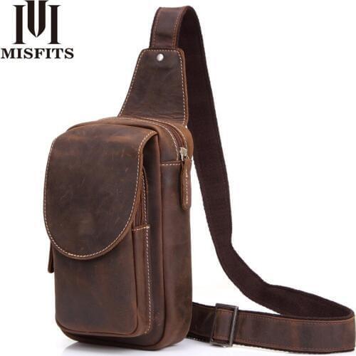 Retro Leather Mens Chest Pack Horse Leather Shoulder Bag Sports Leisure Shoulder Bag