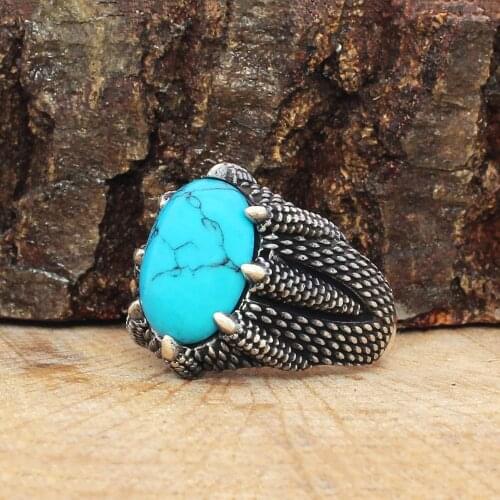 Solid 925 Sterling Silver Turquoise Stone Claw Mens Ring