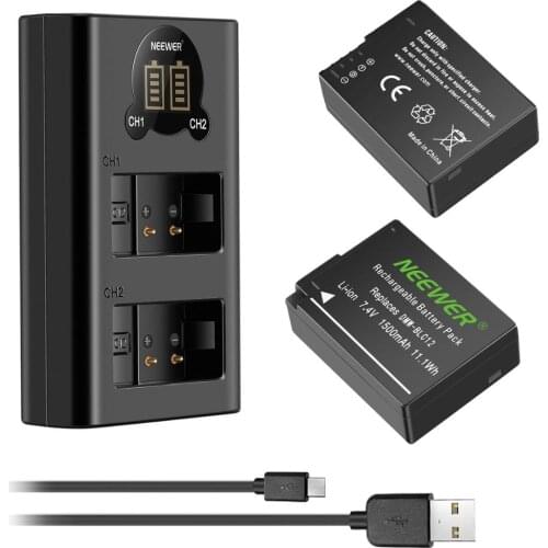 Neewer 2 Pack 1500mAh Replacement Panasonic DMW-BLC12 Battery and Dual USB Charger with LCD Display For Panasonic Lumix DMC-G5
