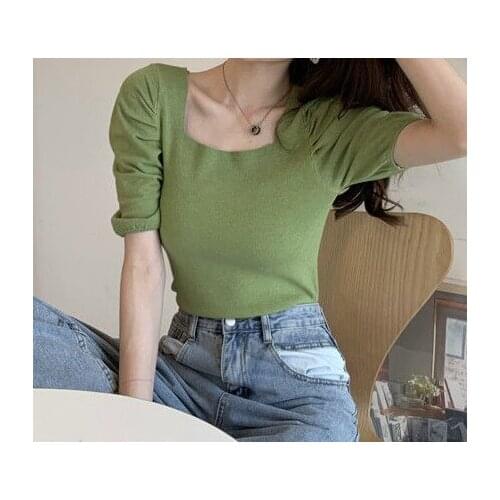 2021 Spring New French Retro Square Collar Clavicle Puff Sleeve T-shirt Womens Slim Slimming Short-sleeved Shirt