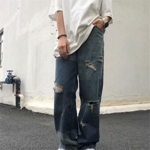 Solid Ripped Jeans Girl Women Gothic Straight Summer Blue Cotton Cargo Pants High Street Cool Harajuku Punk Jeans Female
