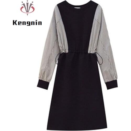 2021 Autumn Womnes Hoodies Dresses Oversized Loose French Style Ladies Vestidos Patchwork Long Sleeve Female Robe Dress KE1685