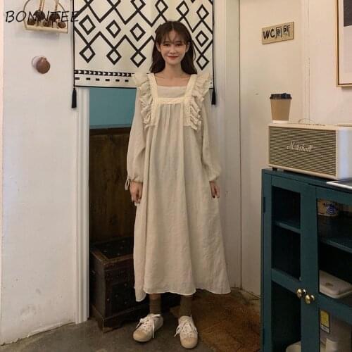 Dress Women Solid Student Temperament Empire Ruffles Square Collar Retro Autumn Daily Feminino Vestidos Fashionable Ulzzang New