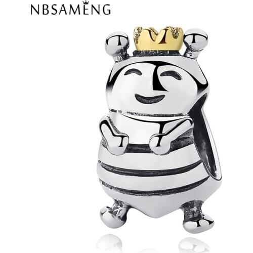 Authentic 100% 925 Sterling Silver Bead Golden Crown Queen Bee Fit Bracelets Necklaces Charm DIY Jewelry Gifts