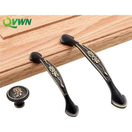 QVWN Black Brass Brushed Gold Copper Color Handle Cabinet Drawer Pull Knob Door Pull Artistical Chinese Style Furniture Hardware