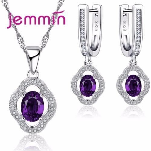 Luxury New Fashion Purple CZ Crystal Wedding Party Oval Cut Necklace Earrings Set for Women Princess Jewelry Set
