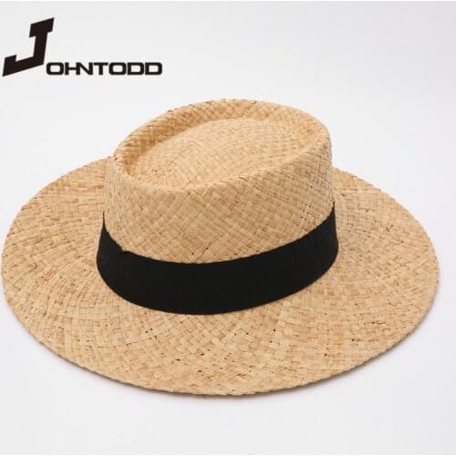 2021 Summer Women Flat Top Raffia Hat Spring Ladies Travel Caps Wide Brim Beach Men Traw Hat Breathable Panama Fedora Sun Hat