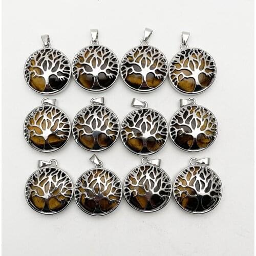 Tiger eye Natural Stone Alloy 12pcs cure Tree of life Necklace Pendant for Jewelry making charm Pendulum accessories wholesale