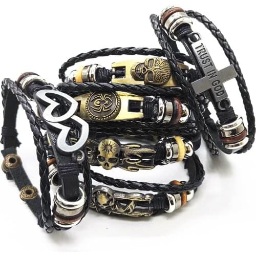 Trust In God Skull Cross Retro Vintage Punk Alloy Charm Cuff Weave Men Leather Bracelets For Women Men Feme Jewelry Wholesale