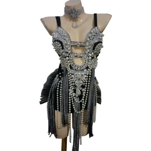 Pearl Tassels sexy bodysuit Shining crystals jumpsuit female costumes Bright diamond Rompers singer dancer DJ DS show costume