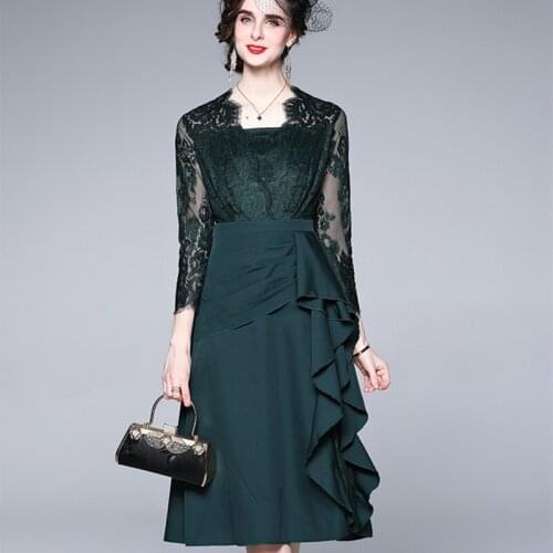 Temperament Women Fashion Lace Dress 2021 Spring Vintage Lady Splicing Ruffle Long High Waist Slim Banquet Dress Vestidos
