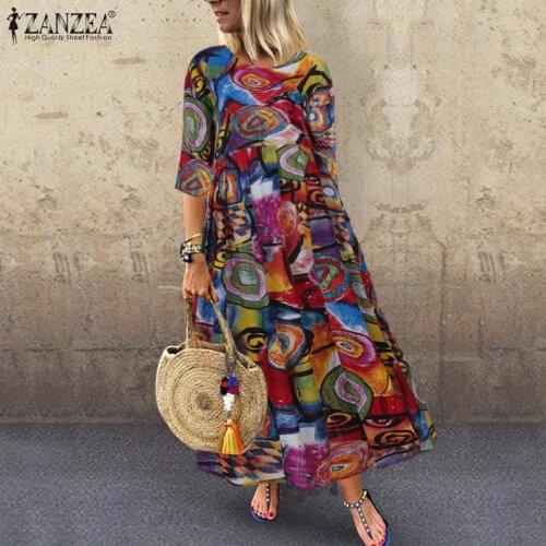 2021 Autumn Summer ZANZEA Pleated Dress Women Vintage Vestidos Robe Printed Long Maxi Dresses Femme 3/4 Sleeve Tunic