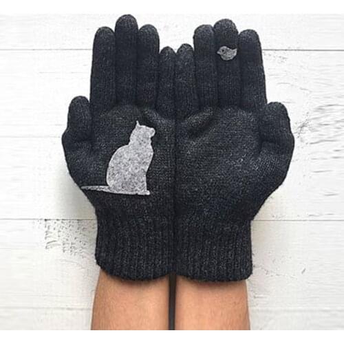Winter Warm Cold Cashmere Gloves Thick Cartoon Cat Print Wool Knitted Full Finger Gloves Women Knitwear Mittens Fashion #3G