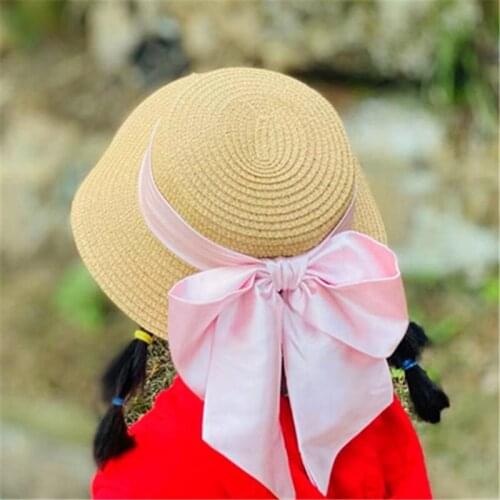 2021 Summer Baby Kids Girl Beach Silk Satin Bow Straw Flat Brim Hat Hiking Cap Travel Vacation Sunscreen Sun Hat