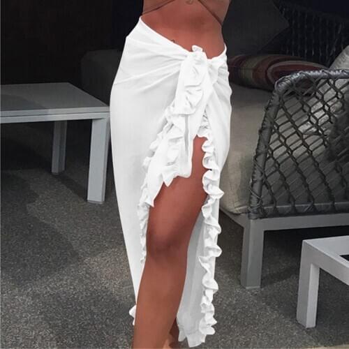 2021 Women Beach Skirt Cover Up Chiffon Beach Dresses Ruffles Sarong Bikini Wrap Skirts Swimwear Bathing Suit Beachwear Swimsuit