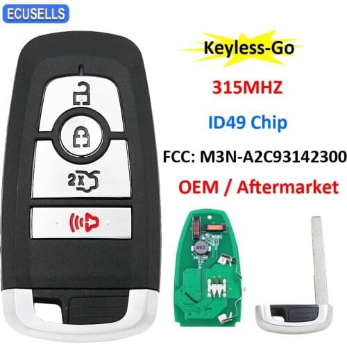 4 Button Keyless Entry Remote Car Key 315MHz ID49 Chip for Ford Fusion Edge Explorer Mustang 2017-2020 FCC ID: M3N-A2C93142300