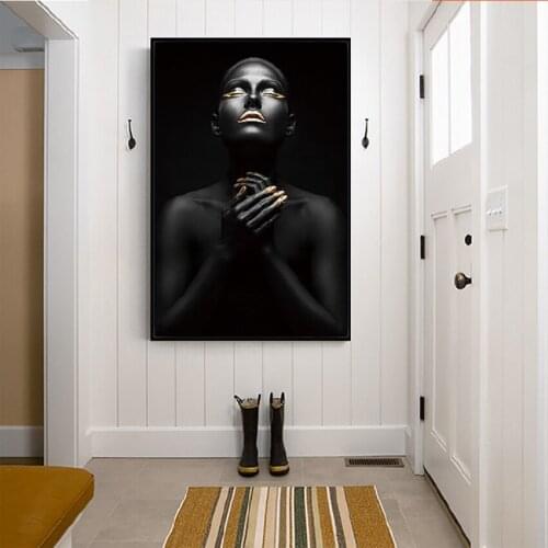 Abstract Gold Black African Woman Oil Painting on Canvas Art Posters and Prints Wall Art Picture for Living Room Home Decoration