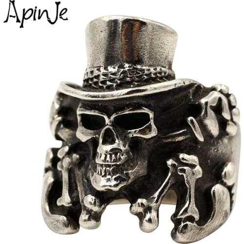 Apinje Real 925 Sterling Silver Ring for Men Gothic Skull Head Vintage Rings Hand Foot Cap Mens Jewelri