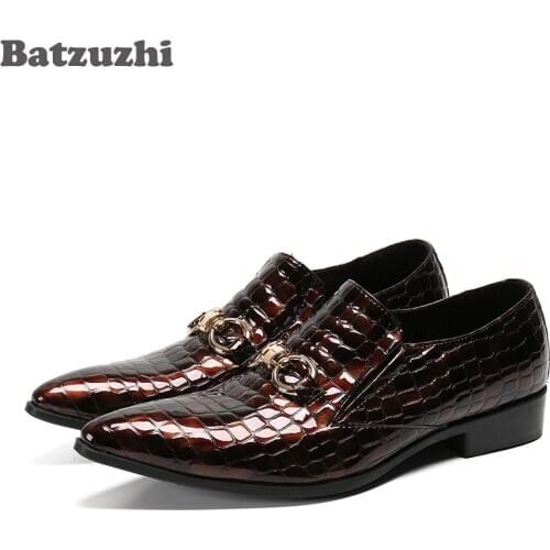 Batzuzhi Luxury Fashion Mens Dress Shoes Pointed Toe Leather Dress Shoes Slip on Wine Red Party and Wedding Shoes Men Zapatos