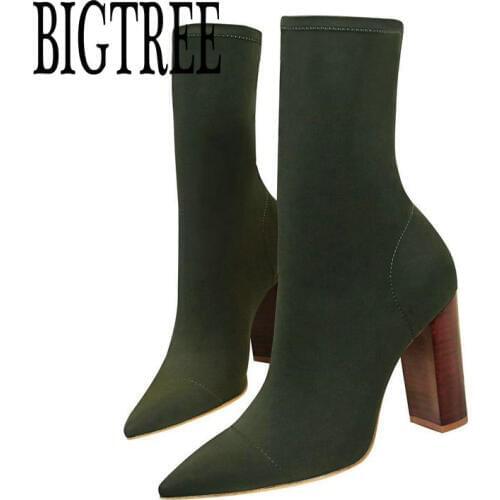 BIGTREE Fashion Elastic Sock Ankle Boots Chunky High Heels Stretch Women Autumn Sexy Booties Pointed Toe Women Pumps Boots Woman