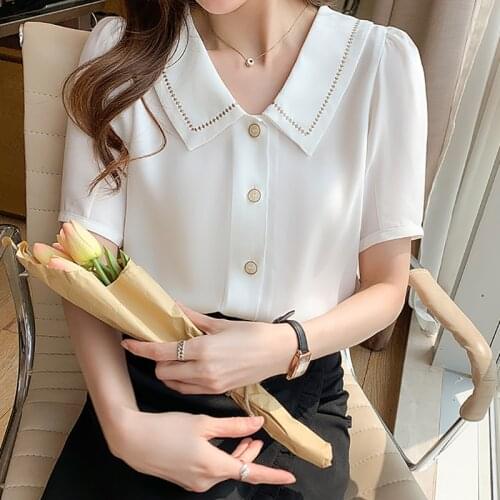 Peter Pan Collar Chiffon Blouses Button Short Sleeve White Women Shirts 2021 Office Summer Tops Woman Clothes Chemisier Femme