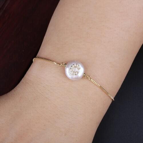 Gold color natural coin freshwater pearl bead initial 26 alphabet letter name charm Best Unique bracelet for women girl gift